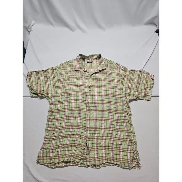 Vtg Burberry Men's Short Sleeve Linen Button Up Green Beige Check USA Made Sz XL - Picture 1 of 13